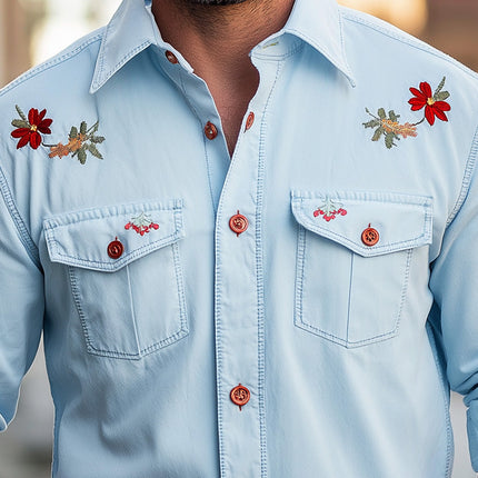 Men's Denim Shirt | Embroidered Long Sleeve | Summer Fashion | Casual & Dressy | Breathable Material | Regular Fit | Versatile Style | Durable & Comfortable | Button-Up Closure | Trendy Men's Tops