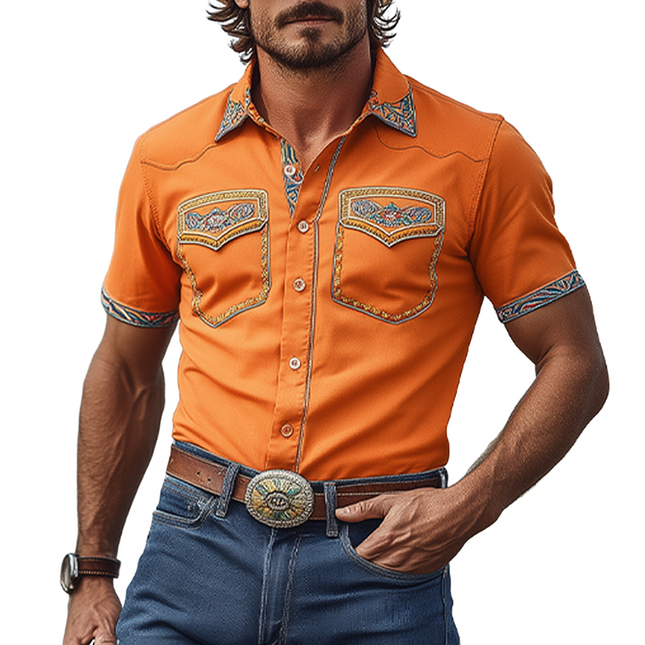 Men's Cotton Blend Western Shirt | Retro Cowboy Style | Short Sleeve | Exquisite Embroidery | Casual Slim Fit | Breathable & Comfortable | Vintage Design