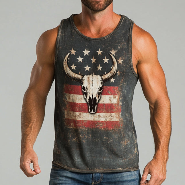 Men's Tank Top | Retro Western Cowboy Style | American Flag Print | Sleeveless Crew Neck | Casual Summer Wear | Breathable Cotton Blend | Vintage Americana | Patriotic Style | Sizes S-3XL