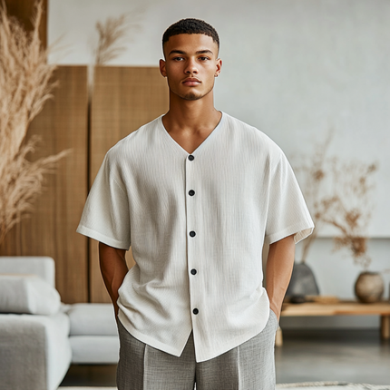 Men's Casual Stripe V-Neck Shirt | Cotton Blend | Short-Sleeve | Single-Breasted | Loose Fit | Breathable | Bold Stripe Patterns | Relaxed Sophisticated Design | Ideal for Casual Wear | Perfect for Summer