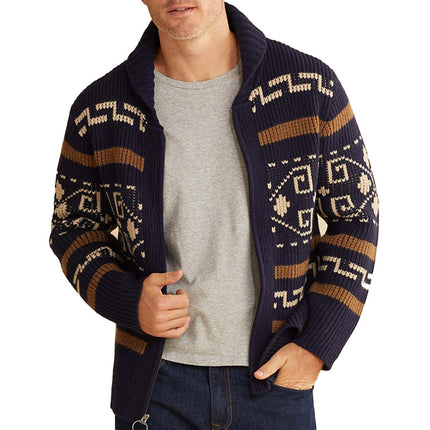 Men's Knitted Cardigan Jacket | Geometric Print Lapel | Zipper Closure | Loose Fit | Long Sleeve | Cozy Sweater for Spring Autumn Winter
