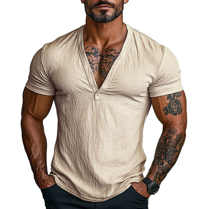 Men's V-neck Short Sleeve Cotton T-shirt | Solid Color | Casual Style | Soft Breathable Lightweight Fabric | Comfortable Relaxed Fit | Machine Washable | Versatile Layering