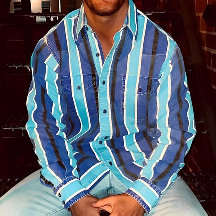 Men's Retro Long Sleeve Shirt | Fashion Color Block Design | Eye-Catching Stripes | Loose Fit | Button-Up | Casual Style | Vintage-Inspired Men's Dress Shirt | Classic Collar | Comfortable Fabric
