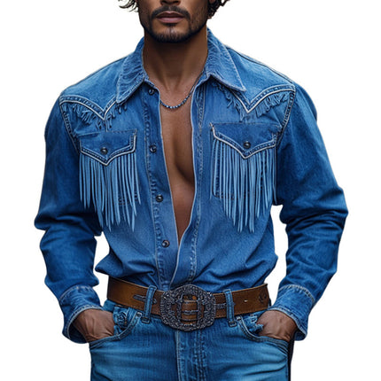 Men's Denim Long Sleeve Shirt | Retro Western Cowboy Style | Tassel Stitching | Classic Pointed Collar | High-Quality Fabric | Comfortable Relaxed Fit | Versatile Fashion Statement