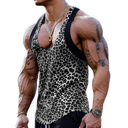 Men's Leopard Print Tank Top | U-Neck Patchwork Design | Cotton Blend | Sexy Sleeveless Shirt | Bold Fashion Statement | Comfortable & Breathable | Summer Casuals | Versatile Styling | Trendy Pattern