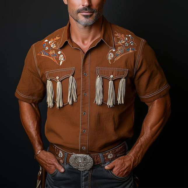 Men's Western Shirt | Cowboy Style | Embroidered Tassels | Short Sleeve | Cotton-Poly Blend | Pointed Collar | Versatile Styling | S-3XL | Modern Design | Breathable & Durable | Casual Shirt