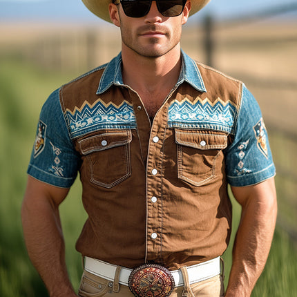 Men's Western Cowboy Style Shirt | Vintage Denim | Snap Button | Short Sleeve | Classic Western Look | Rugged Vintage Prints | Durable yet Soft Fabric | Perfect for Casual Days or Themed Events | Sizes S-3XL