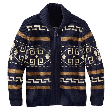 Men's Knitted Cardigan Jacket | Geometric Print Lapel | Zipper Closure | Loose Fit | Long Sleeve | Cozy Sweater for Spring Autumn Winter