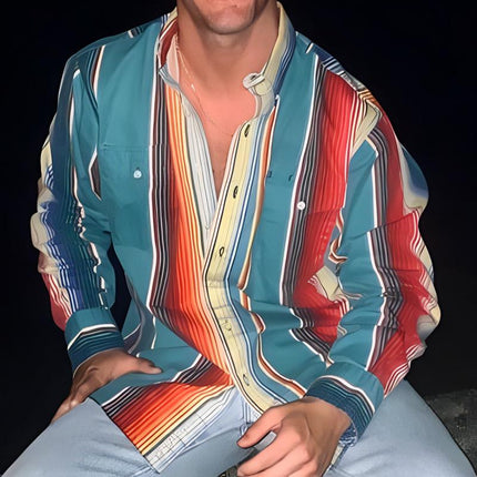 Men's Retro Long Sleeve Shirt | Fashion Color Block Design | Eye-Catching Stripes | Loose Fit | Button-Up | Casual Style | Vintage-Inspired Men's Dress Shirt | Classic Collar | Comfortable Fabric
