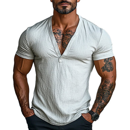 Men's V-neck Short Sleeve Cotton T-shirt | Solid Color | Casual Style | Soft Breathable Lightweight Fabric | Comfortable Relaxed Fit | Machine Washable | Versatile Layering