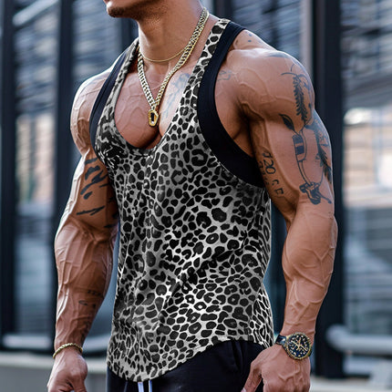 Men's Leopard Print Tank Top | U-Neck Patchwork Design | Cotton Blend | Sexy Sleeveless Shirt | Bold Fashion Statement | Comfortable & Breathable | Summer Casuals | Versatile Styling | Trendy Pattern
