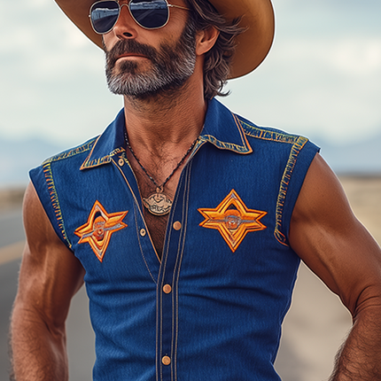 Men's Sleeveless Tencel Denim Shirt | Retro Western Cowboy Style | Embroidered Metal Buttons | Slim Fit | Breathable Summer Wear | Tailored Lapel Collar | Stylish Casual Streetwear