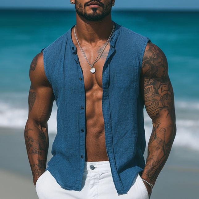 Men's Breathable Cotton Linen Sleeveless Shirt | Slim Fit | Stand Collar | Single-Breasted | Casual Summer Top | Lightweight | Versatile Warm Weather Apparel