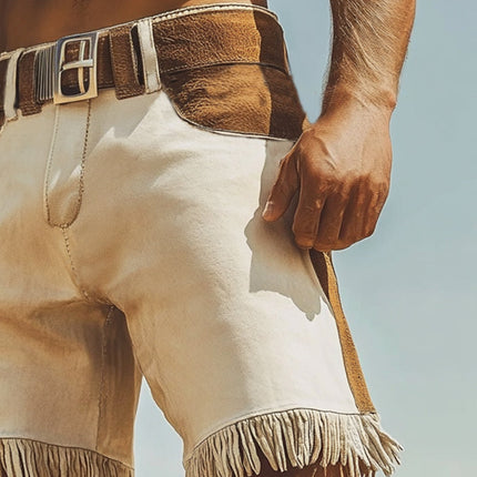 Men's Western Cowboy Style Shorts | Colorblock Suede Tassel Design | Summer Fashion | Knee Length | Premium Cotton Blend | Decorative Tassels | Available in Multiple Sizes | Machine Washable | Practical Pockets