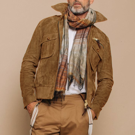 Men's Suede Jacket | Retro Lapel Design | Zipper Breast Pocket | Velvety Soft Texture | Elastic Ribbed Hem | Unique Cuff Zipper | Vintage Truck Driver Inspired | Durable Soft-Touch Suede | Dual-Directional Zipper