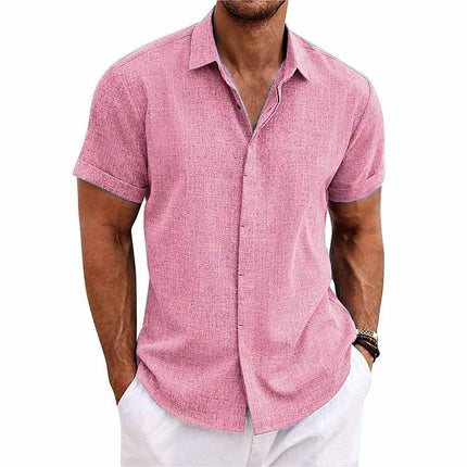 Men's Short Sleeve Shirt | Cotton Linen Blend | Solid Color | Lapel Collar | Breathable Summer Apparel | Casual Wear | Versatile Wardrobe Essential