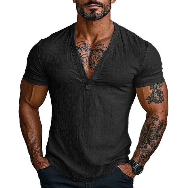 Men's V-neck Short Sleeve Cotton T-shirt | Solid Color | Casual Style | Soft Breathable Lightweight Fabric | Comfortable Relaxed Fit | Machine Washable | Versatile Layering