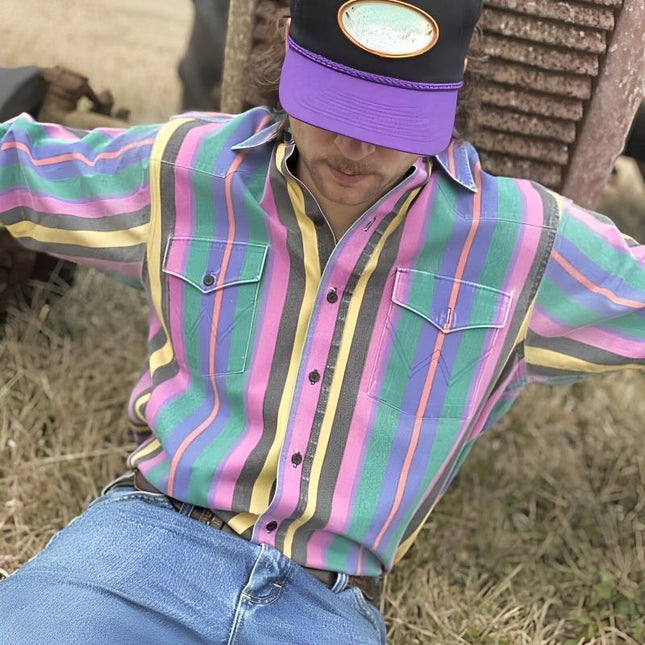 Men's Retro Long Sleeve Shirt | Fashion Color Block Design | Eye-Catching Stripes | Loose Fit | Button-Up | Casual Style | Vintage-Inspired Men's Dress Shirt | Classic Collar | Comfortable Fabric
