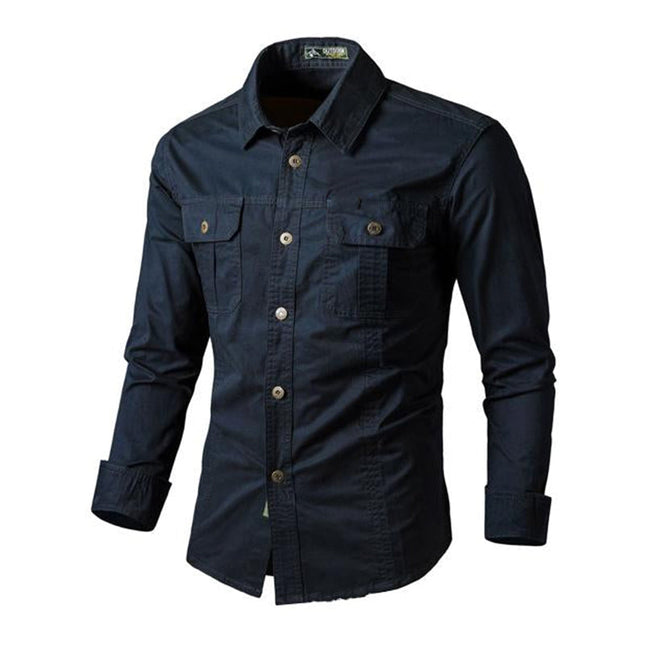 Men's Vintage Style Long Sleeve Dress Shirt | Cotton Blend | Lapel Collar | Solid Color | Two Chest Pockets | Machine Washable | Durable and Stylish | Versatile Fashion Statement