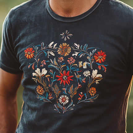 Men's Vintage Floral Embroidery T-Shirt | Round Neck | Short Sleeve | Premium Cotton | Artistic Vintage Style | Breathable Soft Fabric | Casual Summer Fashion | Exquisite Floral Design
