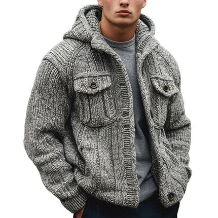Men's Hooded Knitted Cardigan | Solid Color | Striped Texture | Long Sleeve | Ribbed Cuffs & Hem | Open Front | Multiple Colors | Soft & Warm | Casual & Semi-Formal | Sizes S-3XL