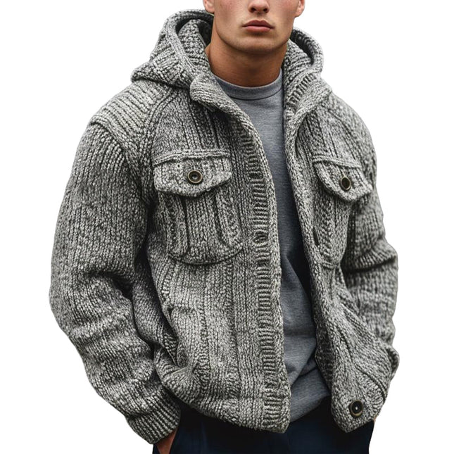 Men's Hooded Knitted Cardigan | Solid Color | Striped Texture | Long Sleeve | Ribbed Cuffs & Hem | Open Front | Multiple Colors | Soft & Warm | Casual & Semi-Formal | Sizes S-3XL