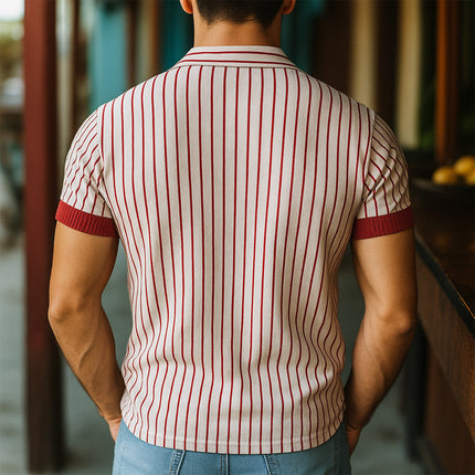 Men's Summer Shirt | Red Striped | Leaves Embroidered | Short Sleeve | Lightweight Cotton Blend | Spread Collar | Casual Wear | Sizes S-3XL | Perfect for Beach & Parties