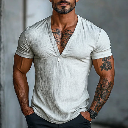 Men's V-neck Short Sleeve Cotton T-shirt | Solid Color | Casual Style | Soft Breathable Lightweight Fabric | Comfortable Relaxed Fit | Machine Washable | Versatile Layering
