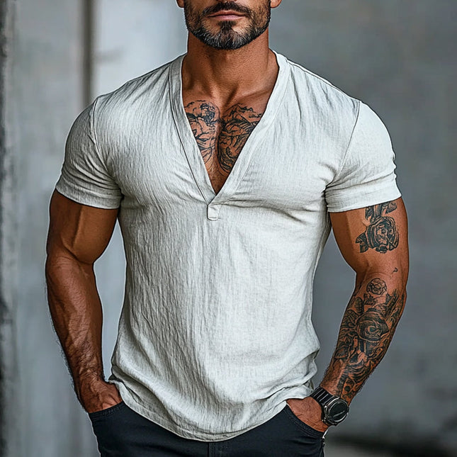 Men's V-neck Short Sleeve Cotton T-shirt | Solid Color | Casual Style | Soft Breathable Lightweight Fabric | Comfortable Relaxed Fit | Machine Washable | Versatile Layering