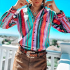 Men's Retro Long Sleeve Shirt | Fashion Color Block Design | Eye-Catching Stripes | Loose Fit | Button-Up | Casual Style | Vintage-Inspired Men's Dress Shirt | Classic Collar | Comfortable Fabric