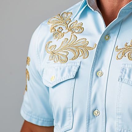 Men's Summer Cowboy Shirt | Embroidered Short Sleeve | Lightweight Cotton Blend | Casual Western Style | Button-Down | Breathable Fabric | Regular Fit | Versatile Men's Top