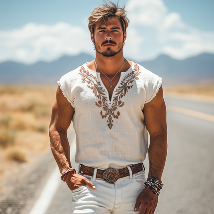 Men's Summer Retro Western Style V-Neck T-Shirt | Cotton Linen Blend | Embroidered Details | Casual Fashion | Breathable | Lightweight | Classic Design | Comfortable Fit | Versatile Summer Essential