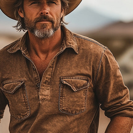 Men's Denim Shirt | Western Cowboy Style | Long Sleeve Pullover | Durable & Breathable Fabric | Stitched Detailing | Versatile & Stylish | M