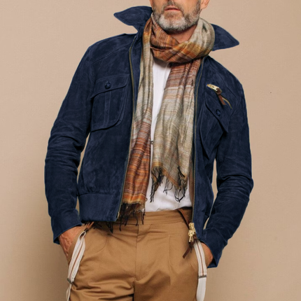 Men's Suede Jacket | Retro Lapel Design | Zipper Breast Pocket | Velvety Soft Texture | Elastic Ribbed Hem | Unique Cuff Zipper | Vintage Truck Driver Inspired | Durable Soft-Touch Suede | Dual-Directional Zipper