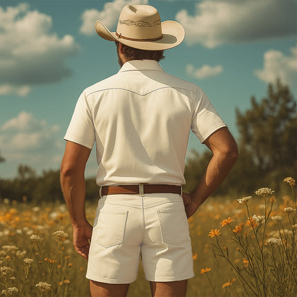 Men's Short Sleeve Shirt and Shorts Set | Western Cowboy Style | Retro Embroidery | Summer Fashion | Lightweight Cotton-Polyester Blend | Lapel Collar | Functional Pockets | Casual Outfit | Sizes S-3XL