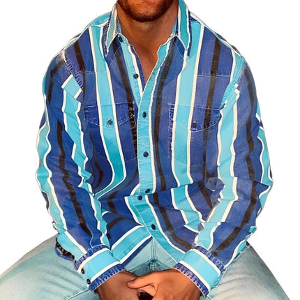 Men's Retro Long Sleeve Shirt | Fashion Color Block Design | Eye-Catching Stripes | Loose Fit | Button-Up | Casual Style | Vintage-Inspired Men's Dress Shirt | Classic Collar | Comfortable Fabric