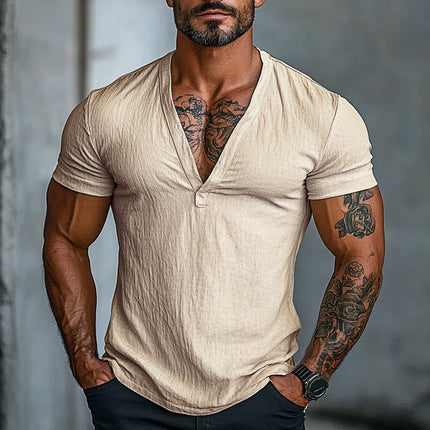 Men's V-neck Short Sleeve Cotton T-shirt | Solid Color | Casual Style | Soft Breathable Lightweight Fabric | Comfortable Relaxed Fit | Machine Washable | Versatile Layering