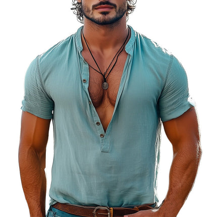 Men's Deep V-Neck Short-Sleeved T-Shirt | Solid Color | Comfortable Cotton & Linen Fabric | Summer Essential | Versatile Casual Tee for All Occasions | Sizes S-3XL Available