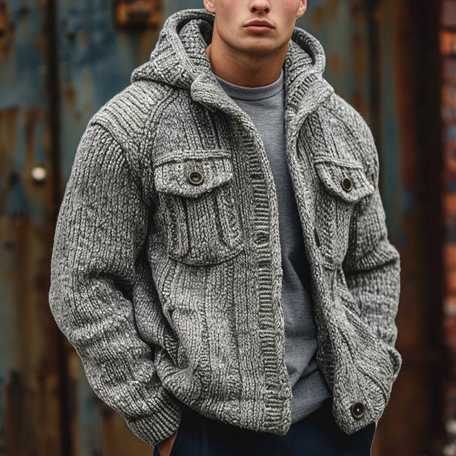 Men's Hooded Knitted Cardigan | Solid Color | Striped Texture | Long Sleeve | Ribbed Cuffs & Hem | Open Front | Multiple Colors | Soft & Warm | Casual & Semi-Formal | Sizes S-3XL