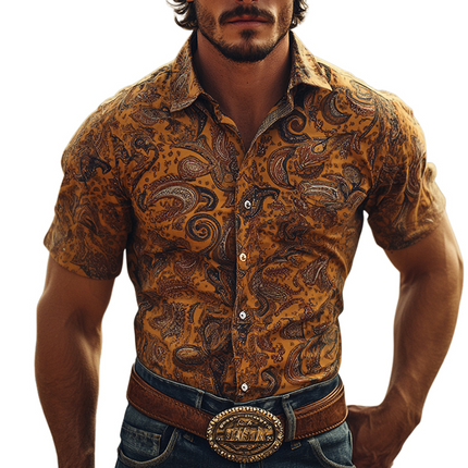 Men's Retro Western Cowboy Style Shirt | Perris Print | Short Sleeve | Lapel Collar | Casual Vintage Style | Breathable Cotton | S-3XL | Spring Summer | Ideal for Country Parties & Festivals