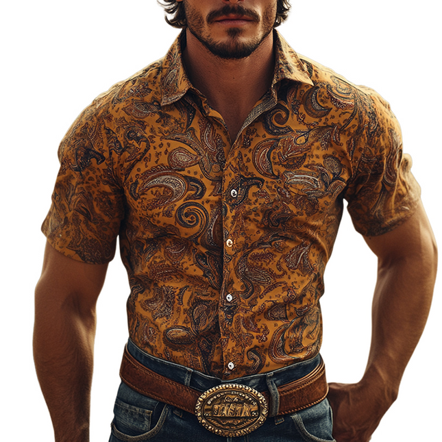 Men's Retro Western Cowboy Style Shirt | Perris Print | Short Sleeve | Lapel Collar | Casual Vintage Style | Breathable Cotton | S-3XL | Spring Summer | Ideal for Country Parties & Festivals