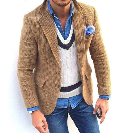 Men's Herringbone Wool Blend Blazer | Single Breasted | Vintage Style | Tailored Fit | Lapel Collar | Formal & Casual Versatility | Warm & Comfortable Outerwear | Easy Care | Various Sizes Available