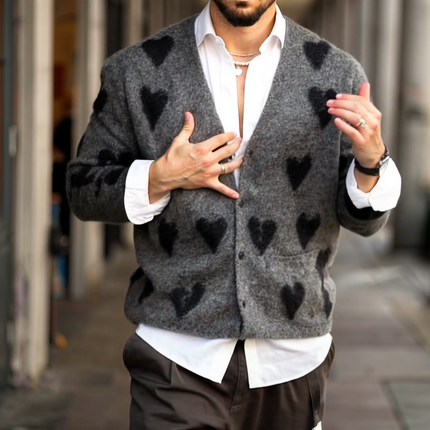 Men's V Neck Knit Cardigan | Heart Graphic Pattern | Single Breasted | Long Sleeve | Soft Cotton Acrylic Blend | Casual Layering | Cozy Outerwear