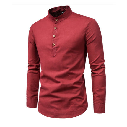 Men's 100% Cotton Linen Solid Color Stand Collar Dress Shirt | Long Sleeve | Neck Button Design | Casual Spring Summer Shirt | Breathable & Soft Fabric
