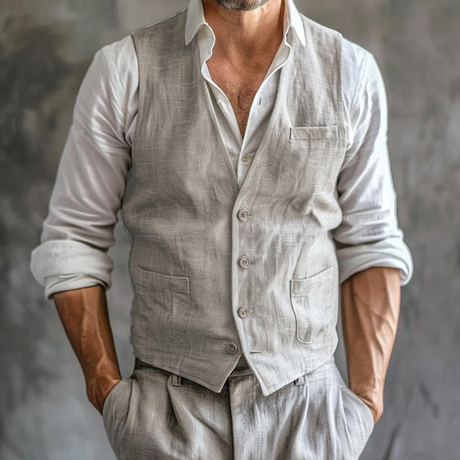 Men's Vest | Casual Cotton Linen | V-neck Single-breasted | Patch Pockets | Breathable Soft Fabric | Durable Slim Fit | Versatile Layering | Easy Care | Multiple Colors | Sophisticated Everyday Style