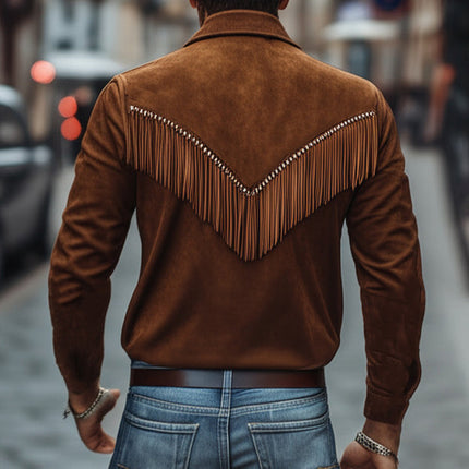 Men's Vintage Brown Suede Shirt | Lapel Collar | Tassel Details | Brown | Soft Durable Material | Versatile Style | Classic Fit | Luxurious Texture