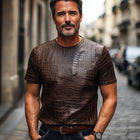 Men's T-Shirt | Brown Crocodile Texture | PU Leather | Short Sleeve | Crew Neck | MTA2277C9U | Fashion Statement | Exotic Design | Premium Material | Modern Style | Comfortable Fit