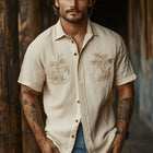 Men's Khaki Tencel Shirt | Vintage Embroidery | Short Sleeve | Casual Style | Breathable Fabric | Button-Down | Regular Fit | Ideal for Warm Weather | Classic Turn-Down Collar | Versatile Neutral Color
