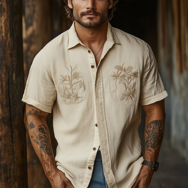 Men's Khaki Tencel Shirt | Vintage Embroidery | Short Sleeve | Casual Style | Breathable Fabric | Button-Down | Regular Fit | Ideal for Warm Weather | Classic Turn-Down Collar | Versatile Neutral Color