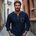 Men's V-Neck Long Sleeve T-Shirt | Navy Blue | Cotton Linen Blend | Vintage Embroidery | Casual Wear | Comfortable & Stylish | Breathable Fabric | Versatile Design